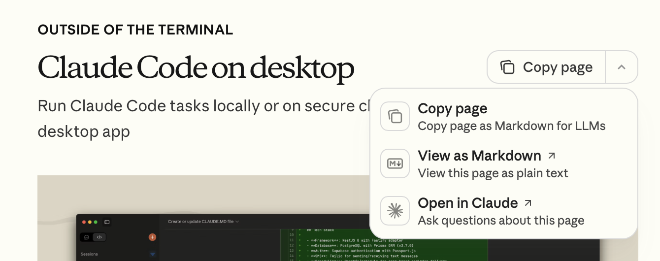Claude copy page dropdown